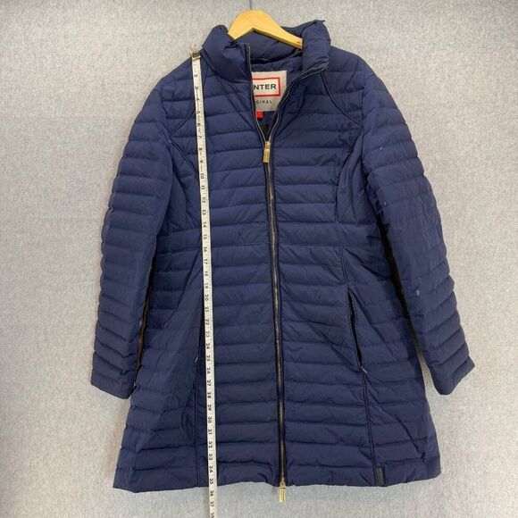 Hunter Women's Size Large Navy Blue Puffer Coat Faux Fur Collar Hood Down Fill - Picture 15 of 16